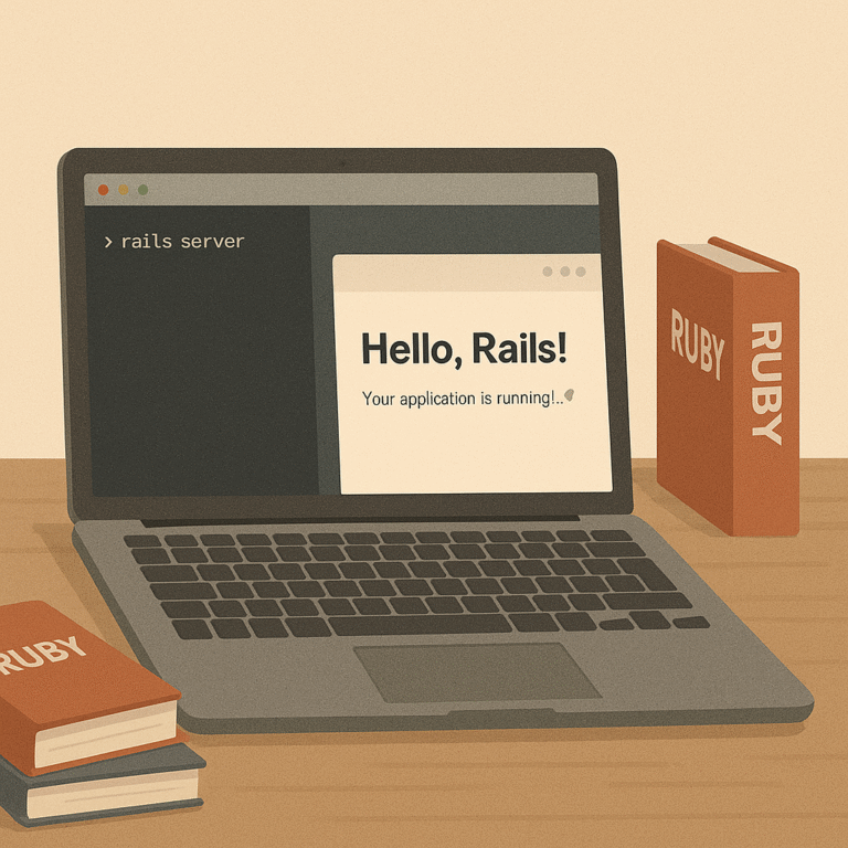 Ilustração de um laptop com tela mostrando Hello, Rails! e livros de Ruby ao lado, simbolizando o início da programação com Ruby on Rails.