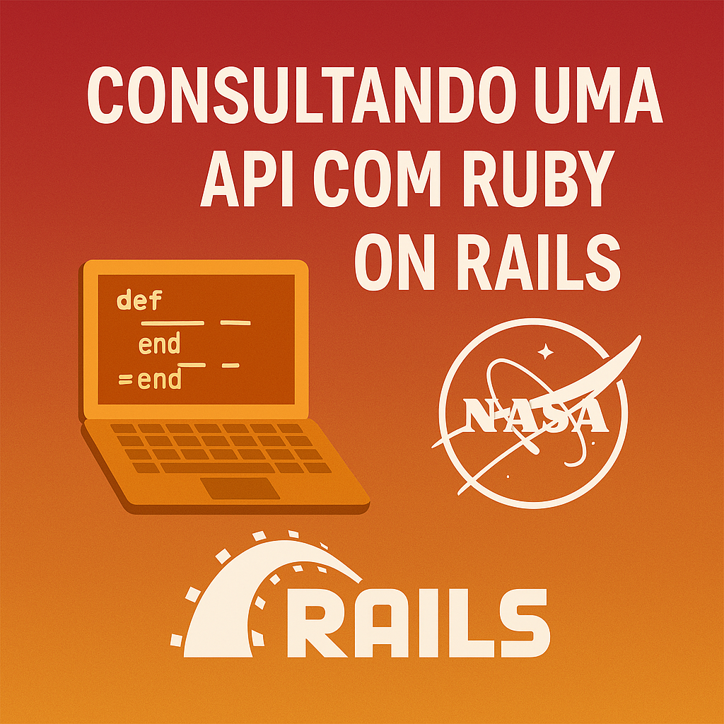 imagem ilustrativa com o texto Consultando uma API com Ruby on Rails, acompanhada de um notebook, o logo da NASA e o logo do Ruby on Rails sobre um fundo em gradiente laranja-avermelhado.