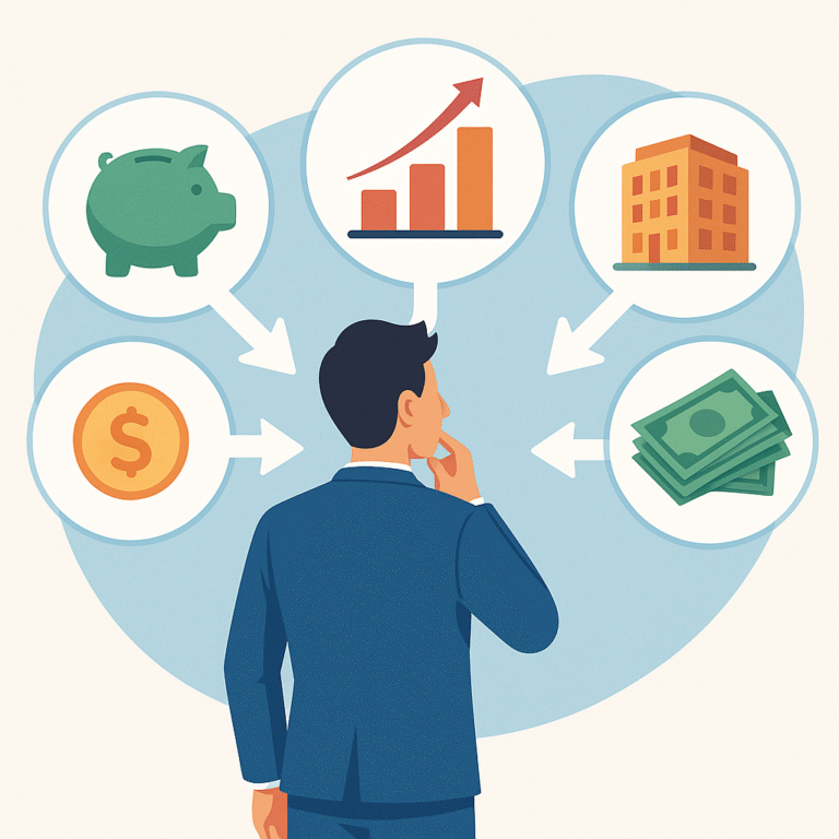 Homem avaliando diferentes opções de investimento representadas por gráficos e ícones financeiros.