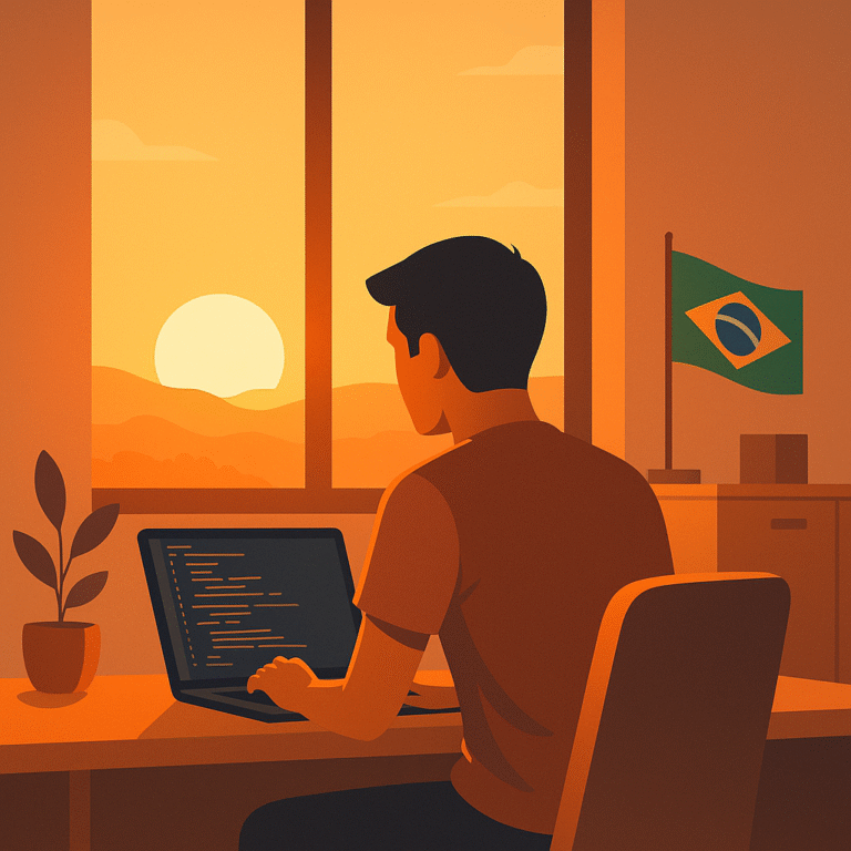 Programador iniciando um novo projeto no computador ao nascer do sol, com bandeira do Brasil ao fundo.