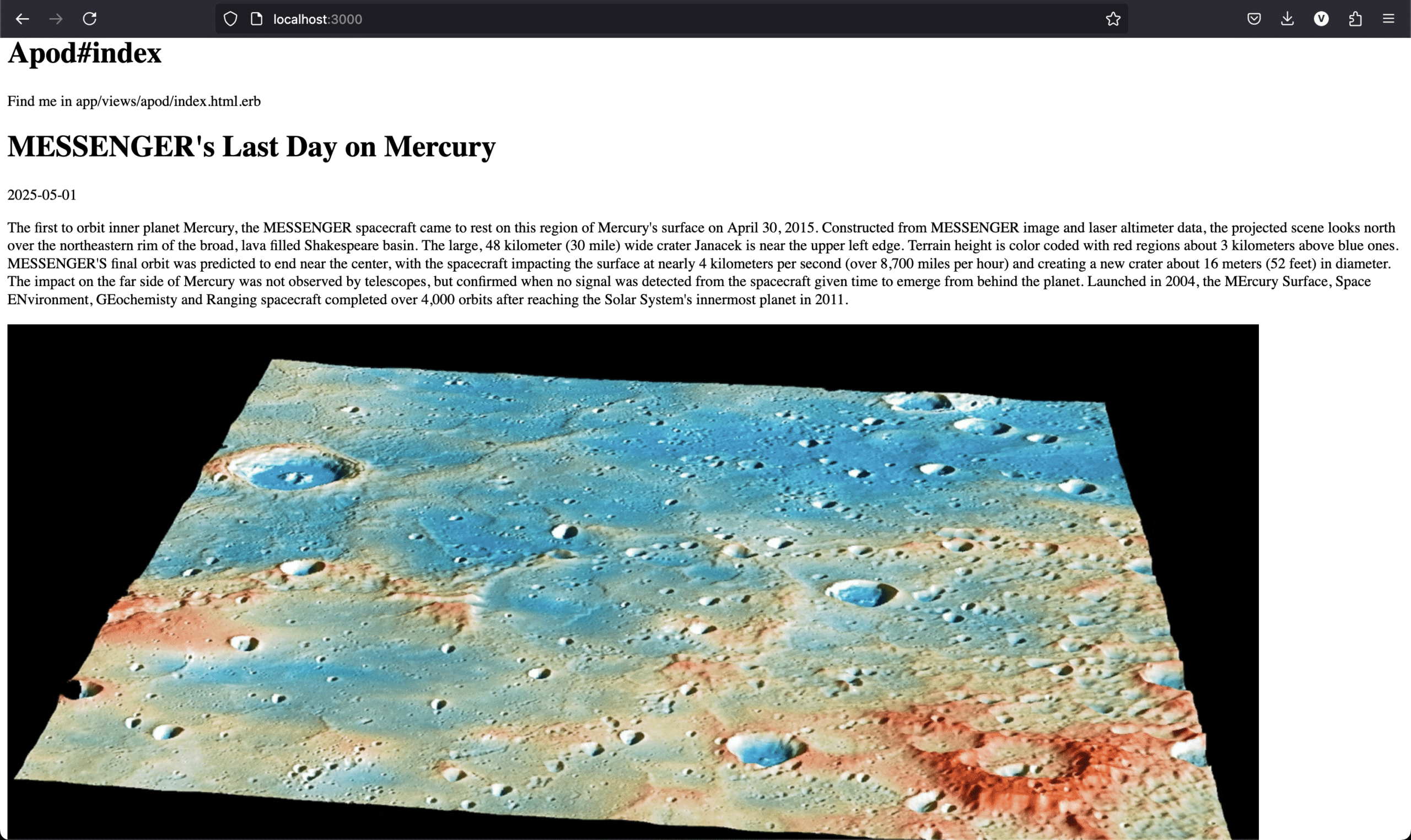 Mapa topográfico em cores falsas da superfície de Mercúrio, mostrando crateras e elevações com codificação de cor em azul e vermelho, obtido pela sonda MESSENGER.