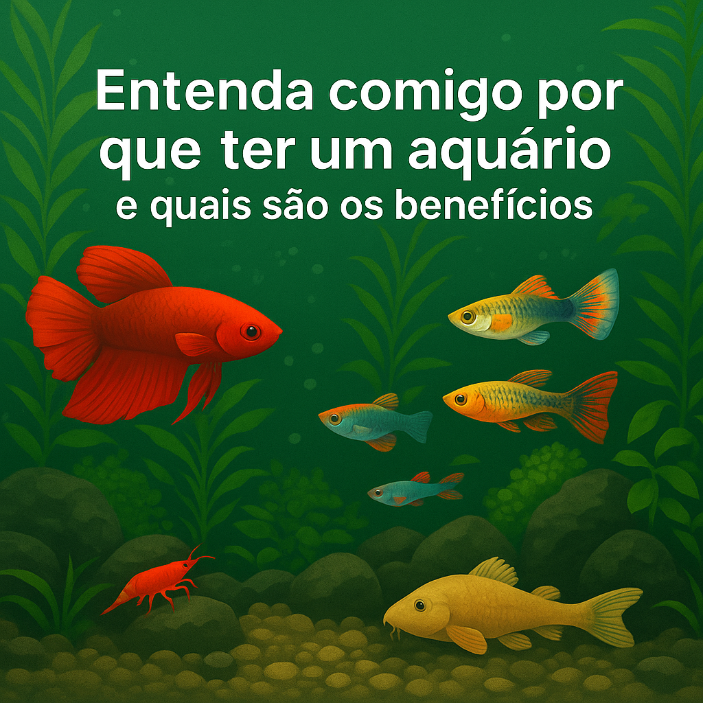 Capa do artigo com o título “Entenda comigo por que ter um aquário e quais são os benefícios”, ilustrando um aquário com peixes coloridos e vegetação aquática.
