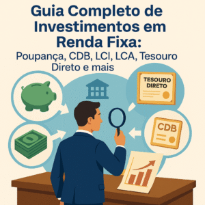 Homem avaliando opções de investimento em renda fixa, como poupança, CDB, LCI, LCA e Tesouro Direto, diante de gráficos e ícones financeiros.
