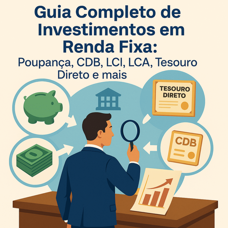 Homem avaliando opções de investimento em renda fixa, como poupança, CDB, LCI, LCA e Tesouro Direto, diante de gráficos e ícones financeiros.