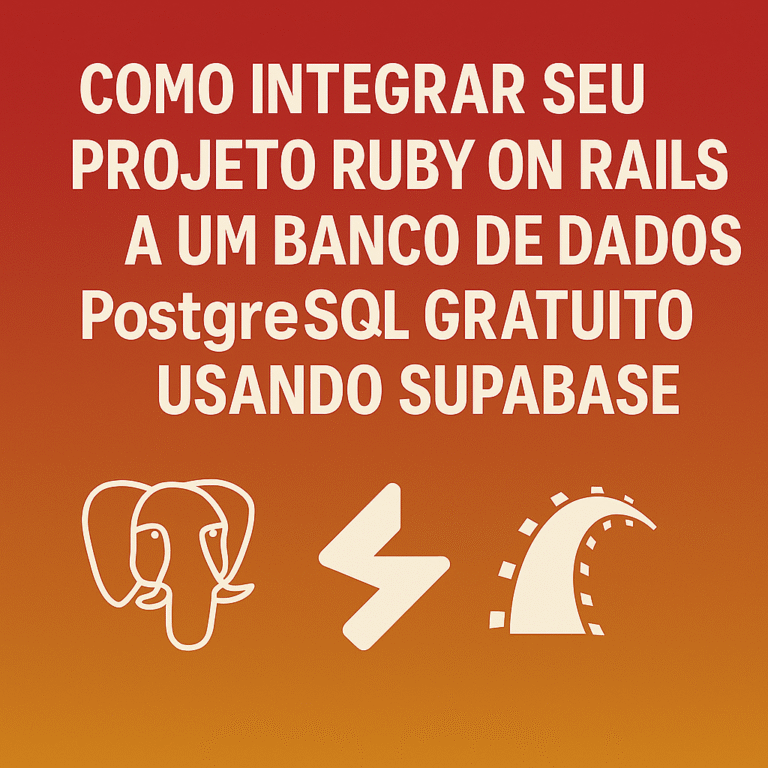 Ilustração digital com ícones do Ruby on Rails e Supabase sobre um fundo em gradiente vermelho e laranja, representando a integração com banco de dados PostgreSQL.